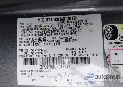 2012 Ford Fusion Se z USA, uszkodzony, nr VIN 3FAHP0HG7CR399600